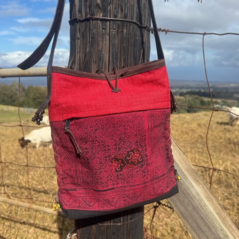 Boho Ethnic Chic Folk Indie Embroidered Red Woven leather Pom Pom crossbody